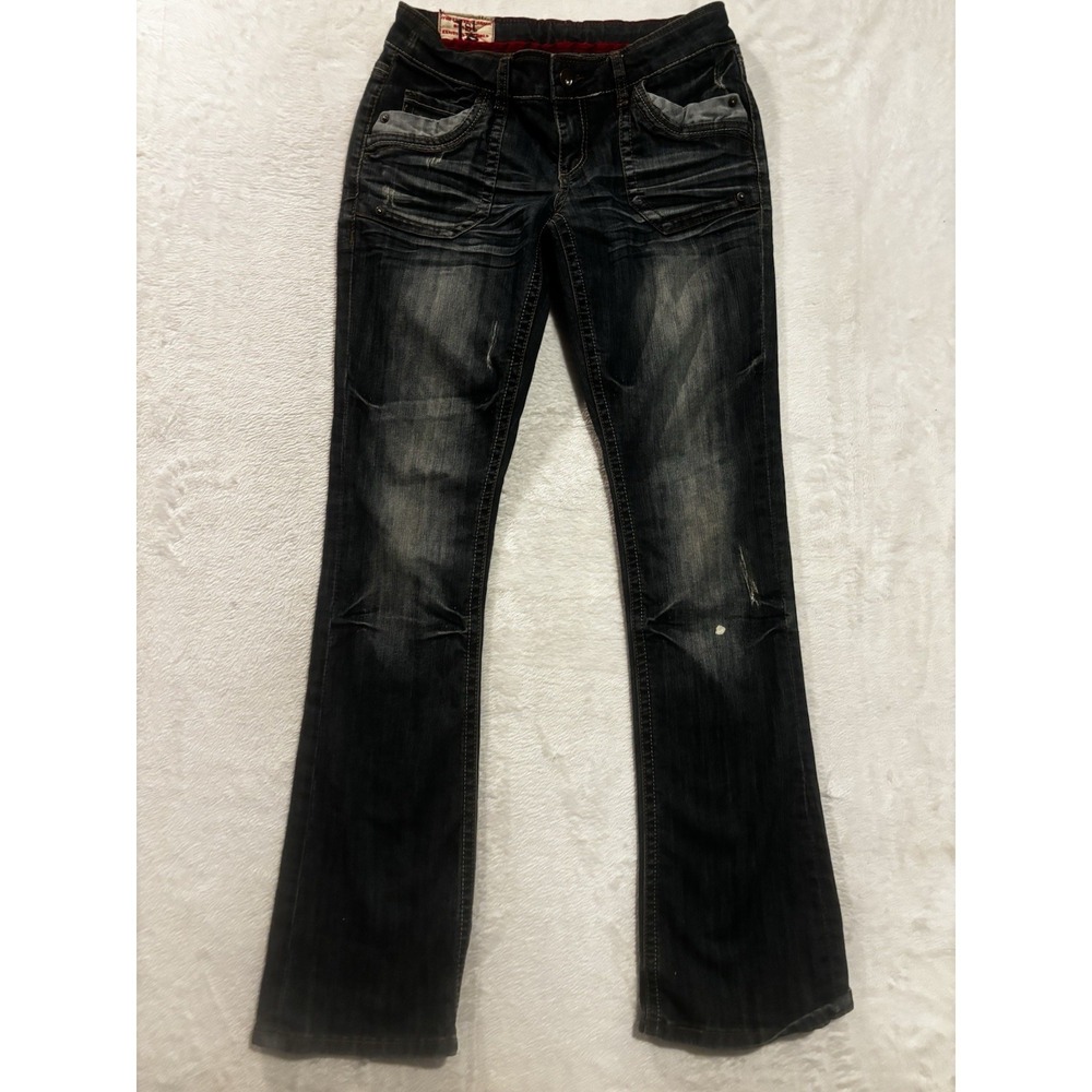 1st Kiss Womens Jeans 7 Bootcut Blue Distressed Pockets Low‎ Rise Raw Hem